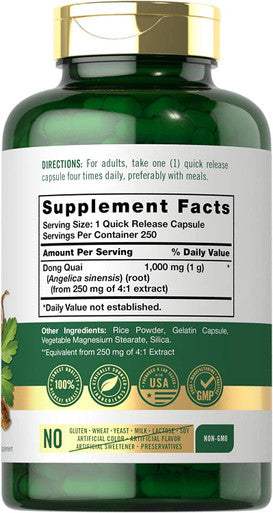 Dong Quai Capsules | 1000mg | 250 Count | Non-GMO and Gluten Free Supplement | Traditional Herb | by Carlyle