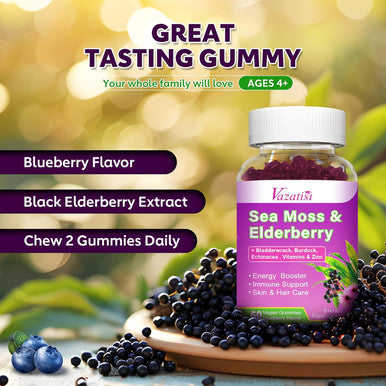 2 Pack Elderberry & Sea Moss Gummies, With Vitamin C, Bladderwrack, Burdock, Echinacea, Immune Support For Women, Men, Adults & Kids, Blueberry Flavor 120Ct