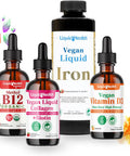 Liquidhealth Vegan Daily Essentials Vitamin Starter Kit with Organic Methyl B12 Drops Vegan Liquid Collagen + Biotin Vegan Liquid Iron Vegan Vitamin D3 Drops - 100% Plant-Based Vitamin Supplements