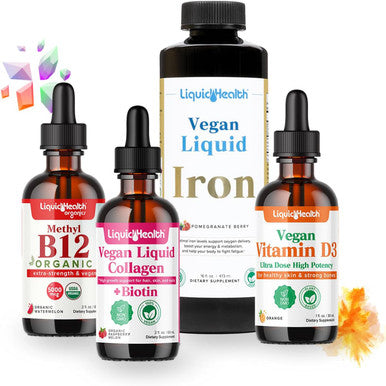 Liquidhealth Vegan Daily Essentials Vitamin Starter Kit with Organic Methyl B12 Drops Vegan Liquid Collagen + Biotin Vegan Liquid Iron Vegan Vitamin D3 Drops - 100% Plant-Based Vitamin Supplements