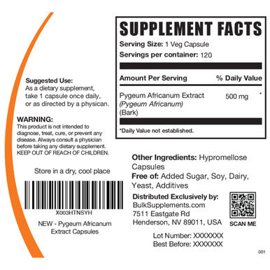 BulkSupplements Pygeum Africanum Extract Capsules - Herbal Supplement, from Pygeum Africanum Bark - 1 Pygeum 500mg Capsule , Vegan & (120 Veg Capsules)