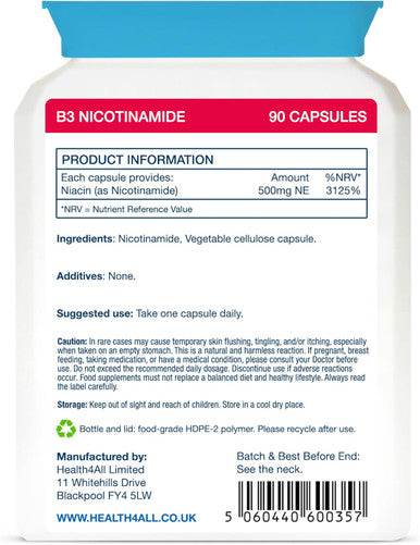 Health4All Vitamin B3 Niacin as Nicotinamide (Niacinamide) 500mg 90 Capsules Purest No Additives Vegan Gluten Free No-Flush Niacin VitB3 Capsules | Made in UK