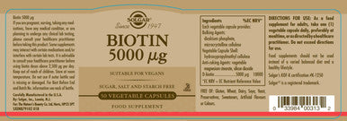 Solgar Biotin 5000 Mcg - 50 Vegetable Capsules - Supports Healthy Skin Nails & Hair - Non-Gmo Vegan Gluten Free Dairy Free Kosher - 50 Servings