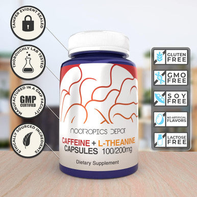 Nootropics Depot Caffeine And L-Theanine Capsules 60 Pills Contains 100Mg Of Caffeine And 200Mg Of L-Theanine Natural Supplement Energy Booster Mental Focus + Alertness Coffee Alternative