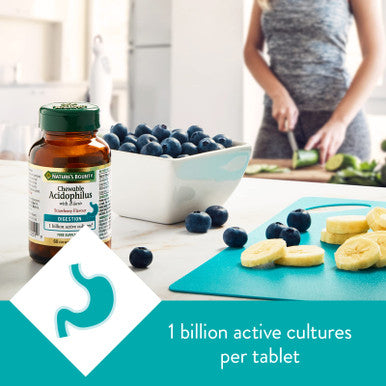 Nature's Bounty Chewable Acidophilus With B. Lactis Strawberry Flavour Tablets - Pack Of 60 Chewable Tablets - 1 Billion Active Cultures Per Tablet - Suitable For Vegetarians And Vegans