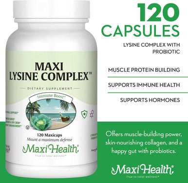 Maxi Health Lysine Complex with Probiotics - L-Lysine 1000mg Capsules for Protein Synthesis and Immune Health - 1000 mg Lysine Supplement from Lysine HCl - Amino Acid with Enzymax for Enhanced Absorption