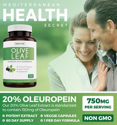 Olive Leaf Extract NonGMO Super Strength 20 Oleuropein 750mg Vegetarian Immune Support Cardiovascular Health Antioxidant Supplement No Oil 60 Capsules