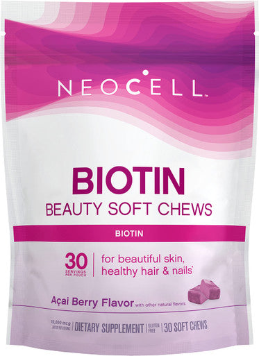 NeoCell Biotin Bursts, 10,000 mcg, Acai Berry Flavor, 30 Soft Chews (Package May Vary)
