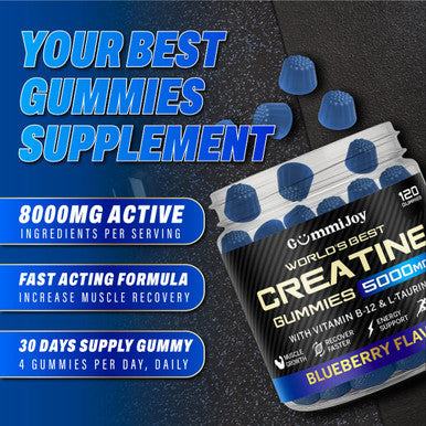 GummiJoy | Creatine Gummies 5000mg | 120 Max Strength Muscle Growth | Recovery Supplements for Men & Women | Creatine Monohydrate Plus B12 and L-Taurine | Blueberry Flavour | 1 Month Supply