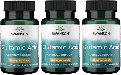 Swanson Amino Acid Glutamic Acid 500 Milligrams 60 Veg Capsules (Pack of 3)
