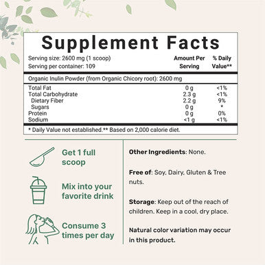 Organic Daily Prebiotic Dietary Fiber Supplement Powder Inulin Fiber from Chicory Root 10 Ounce Highly Promote Intestinal Colon Gut Health and Digestive Function Vegan Friendly