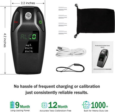 Eektest Breathalyzer High-Precision Portable Alcohol Tester With Usb Charging Lcd Display 10 Mouthpieces & Carrying Case (Black 1)