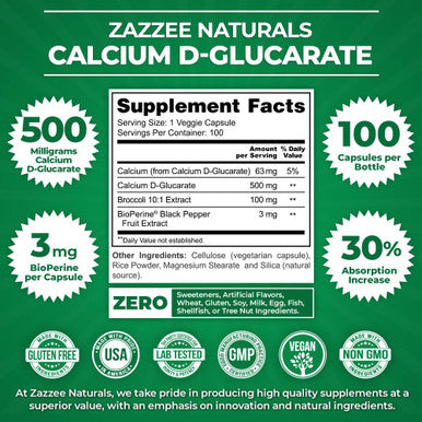 Zazzee High Absorption Calcium D-Glucarate, 500 Mg Per Capsule, 3 Mg Bioperine For Enhanced Absorption, 100 Vegan Capsules, Plus
