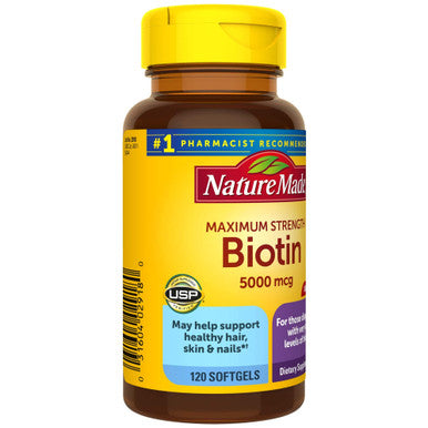 Nature Made Maximum Strength Biotin 5000 Mcg Dietary Supplement May Help Support Healthy Hair Skin & Nails 120 Softgels