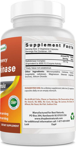 Best Naturals High Potency Nattokinase 4000 FU Per Serving/ 200 mg per Serving 240 Vegetarain Capsules Non-GMO Gluten Free