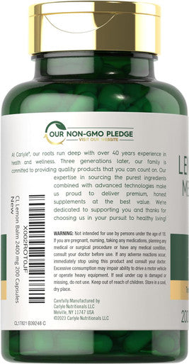 Carlyle Lemon Balm Capsules | 200 Count | Non-GMO and Gluten Formula | Melissa Leaf Traditional Herbal Supplement | Super Concentrated Extract
