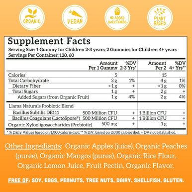 Llama Naturals Kids Probiotic with Prebiotic Fiber Vegan Organic Prebiotics and Probiotics Gummies for Gut Health Support Toddler Real Fruit Gummy Vitamins No Added Sugar Cane Peach Mango 120 Ct