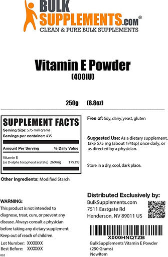 BulkSupplements.com Vitamin E Powder - Vitamin E for Dogs - Vitamin Powder - Vitamin E for The Skin - Vitamin Powder (250 Grams)