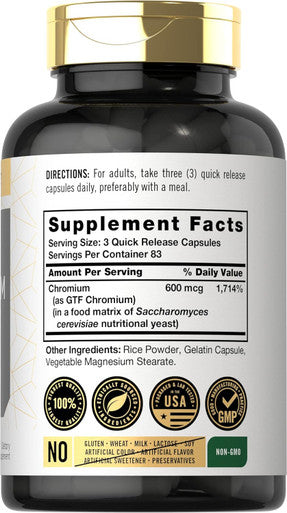 Carlyle GTF Chromium 600 mcg | 250 Capsules | Non-GMO Gluten