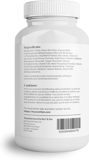 Hey Nutrition Thyroid Complex Supplement - Copper Iron Zinc Selenium Vitamin B Blend - Advanced Thyroid Function - 60 Capsules/30 Servings - Non-GMO Vegan