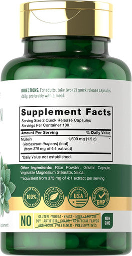 Carlyle Mullein Leaf Extract 1500mg | 200 Capsules | Verbascum Thapsus | Non-GMO Gluten Supplement