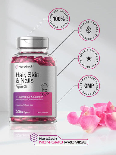 Hair Skin and Nails Vitamins 300 Softgels with Biotin and Collagen Infused with Argan Oil and Coconut Oil Non-GMO Gluten Free Supplement by Horbaach