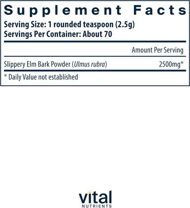 Vital Nutrients Slippery Elm Bark Powder | Herbal Leaky Gut Support | Vegan Gastrointestinal Support for Regular Bowel Movements | Gluten Dairy Soy | Non-GMO | 2500mg