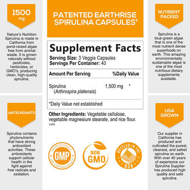 Spirulina Capsules 1500mg - Premuim, Natural Spirulina from Blue Green Micro-Algae Powder with Natural Antioxidants, Protein, Fatty Acids, Fiber, & Vitamins - Non-GMO & Vegan - 120 Capsules