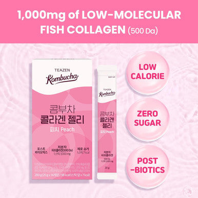 Teazen Collagen Peptides Gummies Kombucha Stick Jelly Soft Chews Postbiotics Zero Sugar Low Calorie Peach Flavor 14 Sticks 9.87oz