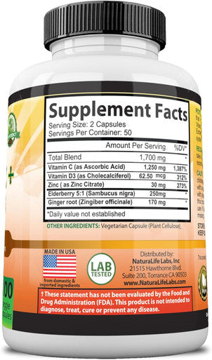 Naturalife Labs A Higher Standard Vitamin C 1,700 Mg With Vitamin D3, Zinc, Elderberry, Ginger Root - Maximum Strength Multi System Immune Support- 100 Veggie Capsules