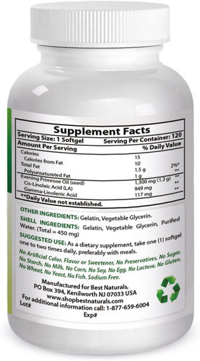 Best Naturals Evening Primrose Oil 1300 mg 120 Softgels - Made from Non-GMO Hexane Cold Pressed Oil