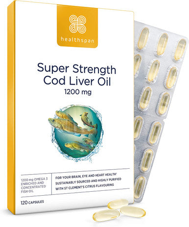 Healthspan Super Strength Cod Liver Oil 1,200mg (120 Capsules) | Supports Heart, Brain & Eye Health | Added Vitamin A, D3 and Calcium | Rich in Omega-3 Fatty Acids DHA & EPA | Sustainably Sourced