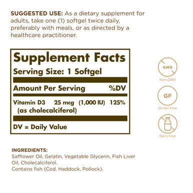 Solgar Vitamin D3 (Cholecalciferol) 25 Mcg (1000 Iu) 100 Softgels
