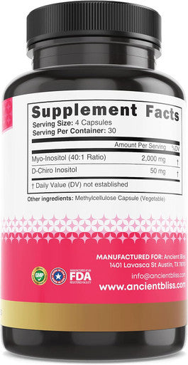 Ancient Bliss Myo & D-Chiro Inositol Supplement, 40 To 1 Ratio, Helps In Ovarian Function Support For Women, Vitamin B8 Helps To Regulate Menstrual Cycle, 2050Mg Per Serving, 120 Vegan Capsules