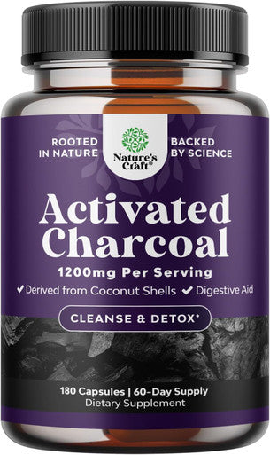 Natures Craft Cleanse and Detox Activated Charcoal Capsules - Purifying Detox Pills with 1200mg Per Serving Coconut Charcoal Powder for Bloating Relief and Body Detox Cleanse - Active Charcoal for Gut Health-180ct