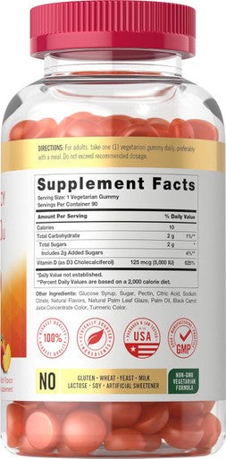 Carlyle Vitamin D3 Gummies | 5000 iu | 90 Count | Peach Flavored Gummy | High Potency for Adults | Vegetarian Non-GMO Gluten Supplement
