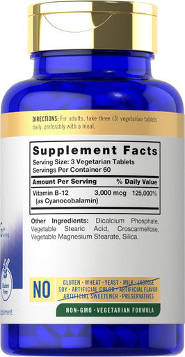 Carlyle Vitamin B-12 3000mcg | 180 Tablets for Adults | Vegetarian Non-GMO & Gluten Supplement