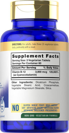 Carlyle B-12 | 3000Mcg Per Serving | 180 Vegetarian Tablets | For S | Vegetarian, Non-Gmo & Gluten Free Vitamin