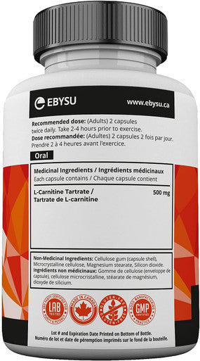 EBYSU L-Carnitine L-Tartrate Supplement - 180 Capsules - Workout Support Supplements (500mg)