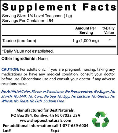 Best Naturals 100% Pure Taurine Powder Form - Taurine 1000mg per Serving - 1 Lb (454 gm) (1 LB (Pack of 3))