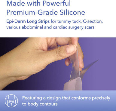 Epi-Derm Long Strips, Premium Grade Silicone Scar Sheets For C-Section, Tummy Tuck, Cardiac Surgery Scars, Easy To Use & Reusable Silicone Gel Sheets For Scars, 1.4 X 11.5 In - 1 Pair, Natural