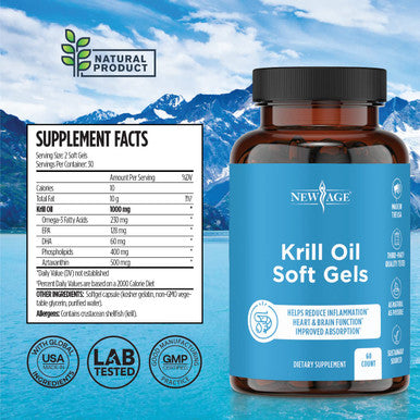 Antarctic Krill Oil 1000mg with Astaxanthin - 2 Pack - 120 Caps Omega 3 6 9 - EPA DHA - 100% Purified, Mercury Free and Wild Caught - Non GMO - Gluten Free - Pure Krill Oil by New Age
