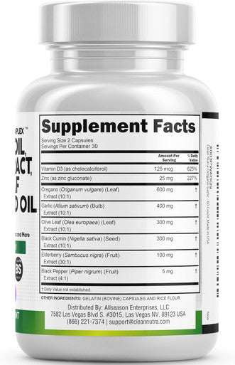 Clean Nutraceuticals Oregano Oil Garlic Extract Olive Leaf Black Seed Oil - Immune Support & Digestive Health Supplement For Women And Men With Vitamin D3 & Zinc - 1Pack