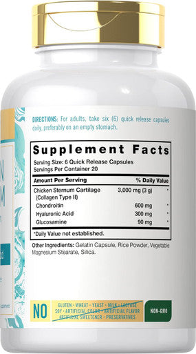 Carlyle Chicken Sternum Cartilage Collagen Capsules | Type II 3000mg | 120 Pills | with Hyaluronic Acid | Non-GMO Gluten