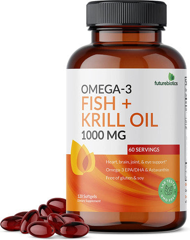 Futurebiotics Omega-3 Fish + Krill Oil 1000 MG Omega-3 EPA/DHA & Astaxanthin, Heart, Brain, Joint & Eye Support - Non-GMO, 120 Softgels (60 Servings)
