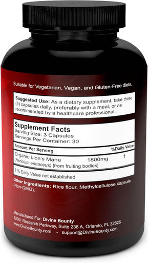 Divine Bounty Organic Lions Mane Mushroom Capsules - 1800Mg Strongest Lion'S Mane Mushroom Supplement - Non-Gmo Lions Mane Extract Powder - Nootropic Brain Supplement - Brain & Immune Support - 90 Vegetarian Caps
