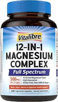 12 in 1 Magnesium Complex Supplement 500mg Max Absorption Chelated Magnesium Glycinate Citrate Malate and More for Sleep Heart Nerve Support NonGMO Vegan Capsules (240 Count)