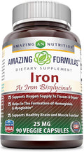 Amazing Nutrition Formulas Iron as Iron Bisglycinate 25 Mg Veggie Capsules (Non-GMOGluten ) - Supports Oxygen Supply to Tissues & Organs-Helps in The Formation of Hemoglobin&Myoglobin.(90 Veggie Capsules)