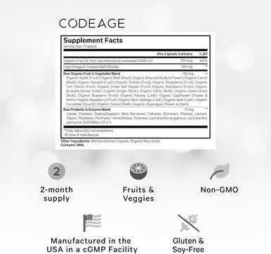 Codeage Raw Vitamin D3+ High Potency 5000 IU Supplement From Saccharomyces Cerevisiae - Raw Vitamin Enhanced with Omega-9 Probiotics Digestive Enzymes Fruits & Greens - 2-Month Supply - 60 Capsules