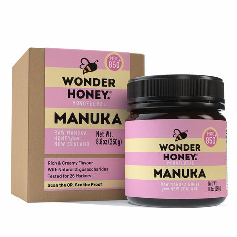 Wonder Honey Raw Manuka Honey New Zealand MGO850 (20+) Tested for 26 Markers, Traceable, Natural Soothing for Sore Throat, Cough - Aids Digestion - Triple Sealed for safety in a Protective Box (8.8oz)